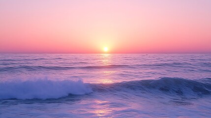 Poster - Beautiful Serene Ocean Sunrise over a calm ocean with a soft pink and purple sky Gentle Waves and Calm Horizon Tranquil and Peaceful Nature Scenes Beach and Relaxation Concepts : Generative AI