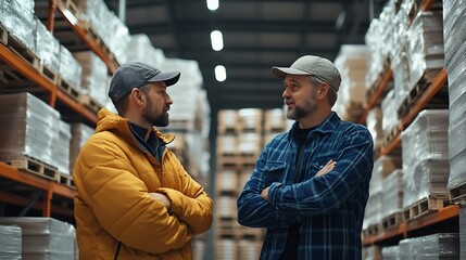 Aufkleber - Warehouse manager talking with logistics employee in warehouse planning transport of products talking shipping process : Generative AI