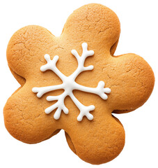 Gingerbread cookie shaped like a flower with white snowflake icing isolated on transparent background.