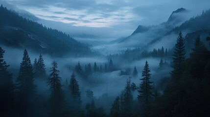 Clouds Rolling into the Valley at Dusk Yosemite National Park California : Generative AI