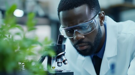 Aufkleber - Black man scientist and lab with test tube research microscope and focus for agriculture study with plant Science team glass vial and plants for medicine pharma and stop virus bacteria : Generative AI