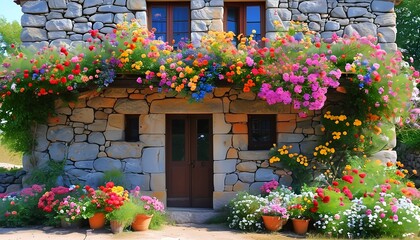 Wall Mural - An ancient and elegant stone house with colorful flowers blooming outside.