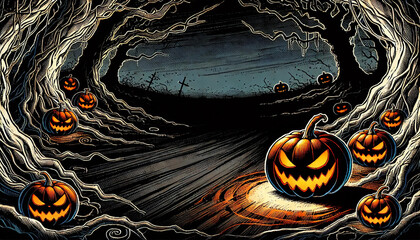  A wide, dark Halloween-themed background in a comic book style, featuring a haunted forest. 