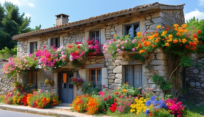 Wall Mural - An ancient and elegant stone house with colorful flowers blooming outside.