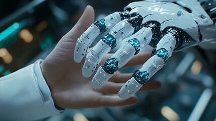 Poster - Medical Ai Hands of robot and human touching on medical data network connection AI robot for diagnosis increasing accuracy patient treatment in future technology to improve patient hea : Generative AI