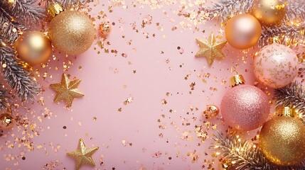 Pink and gold Christmas ornaments, stars, and confetti on a pink background.