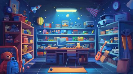 Cartoon toy shop with furniture and goods on shelves at night, game background, Illustration