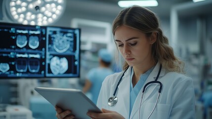 Poster - Tablet woman and doctor in hospital with reading healthcare and medical research with surgery planning Digital web and online consultation with professional working on technology with  : Generative AI