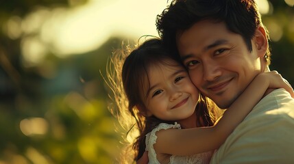 Family smile and child hug outdoor with bonding care or support for security trust at home backyard in summer Woman man and girl for embrace moment love and sunshine vacation of childh : Generative AI