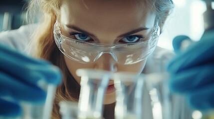 Fototapete - Life scientists researching in laboratory Focused female life science professional pipetting solution into the glass cuvette Healthcare and biotechnology concept : Generative AI