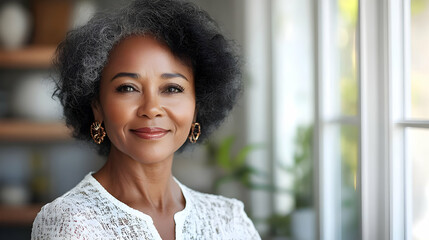 Poster - A confident woman with gray hair smiling warmly indoors.