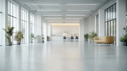 Poster - Abstract blurred image of modern Open space office with white interior concept full furniture for background design concept : Generative AI