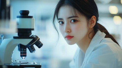 Fototapete - Scientist analyze biochemical samples in advanced scientific laboratory Medical professional use microscope look microbiological developmental of viral Biotechnology research in scienc : Generative AI