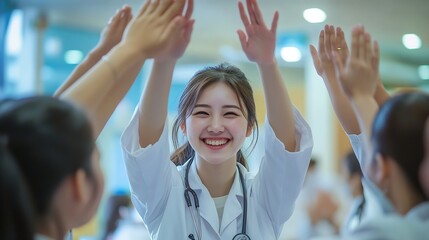 Poster - Tablet people or doctors high five for success goals or achievement target in hospital for healthcare Proud happy women and excited workers with nursing progress medical mission and te : Generative AI