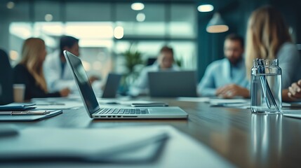 Poster - Healthcare meeting and doctors nurses and laptop in office with documents for medical compliance surgery or planning Hospital team or people online for brainstorming solution or proble : Generative AI