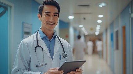 Wall Mural - Walking tablet or doctor in hospital with research on social media to search for medicine info online Asian man reading smile or medical healthcare nurse browsing on technology for tel : Generative AI