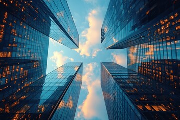 A city skyline with four tall buildings, each with a large number of windows. The sky is clear and blue, with a few clouds scattered throughout. The buildings are illuminated by the sun