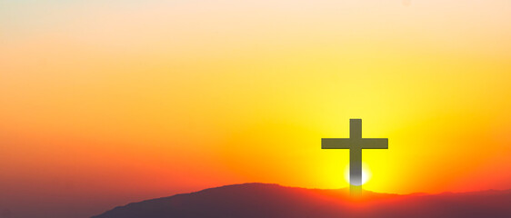 Cross christian god religion on sunset background, jesus church worship pray catholic grace christ, symbols christ love holy spiritual hope peach victory spirit meditation catholicism crucifix trush.