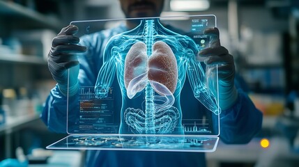 Fototapete - Medical worker holding hologram of a human body with human organs in concept of health Medical future technology and innovative conceptElevate healthcare with AI technology services : Generative AI