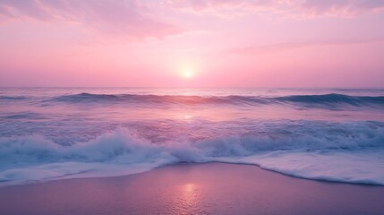Poster - Beautiful Serene Ocean Sunrise over a calm ocean with a soft pink and purple sky Gentle Waves and Calm Horizon Tranquil and Peaceful Nature Scenes Beach and Relaxation Concepts : Generative AI