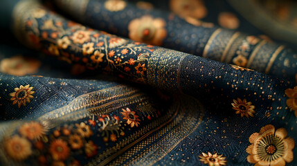 Close-up of Blue Fabric with Detailed Floral Embroidery - Illustration