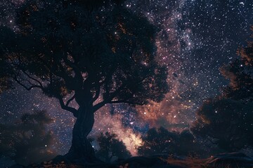 Wall Mural - ai generative tree and starry night sky