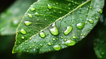 A close-up of raindrops on a leaf, capturing the freshness and tranquility of a rainy day in nature.