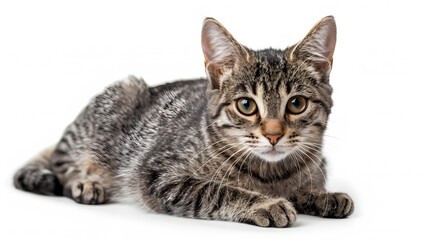 Grey stripped mixed-breed cat sitting, isolated on white. 