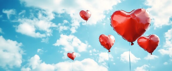 Canvas Print - Red heart-shaped balloons floating in a blue sky with white clouds.