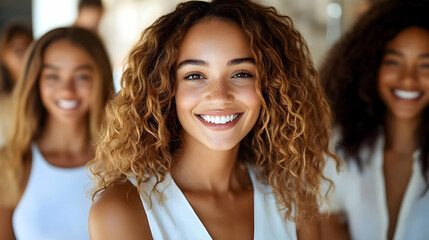 Wall Mural - A group of smiling women with curly hair in a bright setting.