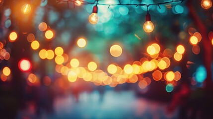 Wall Mural - Creamy Festive Bokeh: Abstract Background with Blurry Lights and Outdoor Celebration Ambience