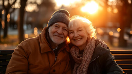 Sticker - A joyful elderly couple enjoying a sunset together.