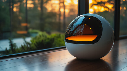 A white sphere with a yellow light inside of it sits on a wooden floor. The scene has a warm, cozy, and inviting atmosphere