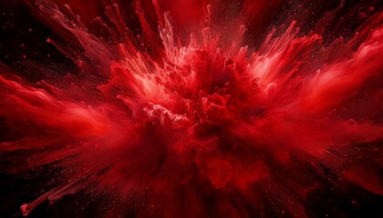 Sticker -  Vibrant red powder explosion bursting outward in a symmetrical pattern, with particles finel