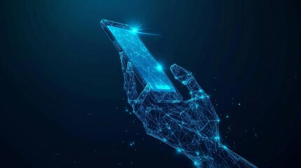 Abstract polygonal 3d image of robotics and hand holding phone in dark blue. Innovative UX or UI development mobile app or website concept. User experience, user interface vector mesh looks like starr