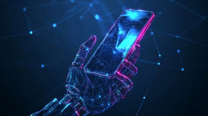 Abstract polygonal 3d image of robotics and hand holding phone in dark blue. Innovative UX or UI development mobile app or website concept. User experience, user interface vector mesh looks like starr