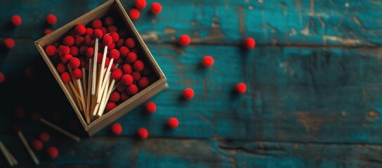 Photo of a box with red matches on top and several match sticks scattered around it