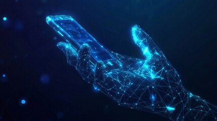 Abstract polygonal 3d image of robotics and hand holding phone in dark blue. Innovative UX or UI development mobile app or website concept. User experience, user interface vector mesh looks like starr
