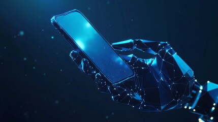 Abstract polygonal 3d image of robotics and hand holding phone in dark blue. Innovative UX or UI development mobile app or website concept. User experience, user interface vector mesh looks like starr