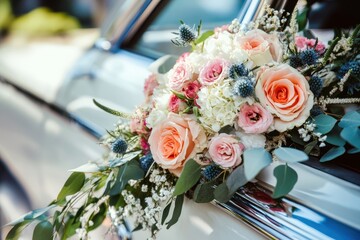 Poster - Newlyweds wedding day details Car decorated with flowers