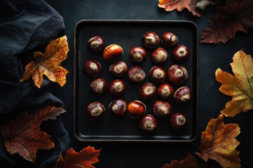 Sticker - Organic chestnuts ready for roasting on a black background with fall vibes