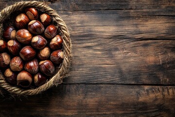 Sticker - Overhead shot of autumn chestnuts on rustic wooden background with text space