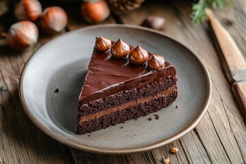 Wall Mural - Overhead shot of chocolate cake with hazelnut and chestnut cream on wood table