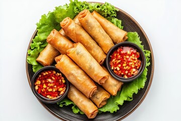 Sticker - Overhead shot of fried spring rolls with chilli on white background