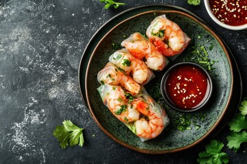 Sticker - Shrimp spring roll with sauce on plate viewed from above