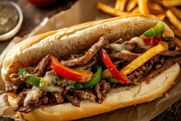 Wall Mural - Sloppy Philly Cheesesteak with onions peppers and fries