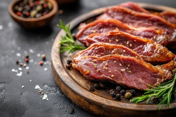 Canvas Print - Smoked duck jerky on table rustic background top view with copy space