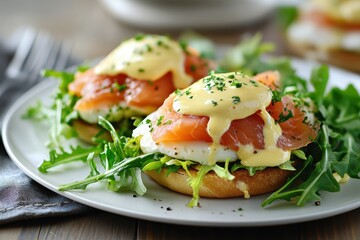 Poster - Smoked salmon Eggs Benedict with salad and hollandaise on white board