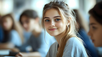 Wall Mural - A smiling girl in a classroom surrounded by peers.