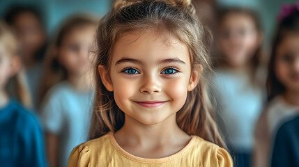 Wall Mural - A smiling girl in a group of children, showcasing joy and innocence.